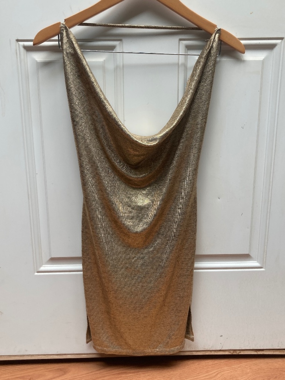 SHEIN Gold Metallic Cowl Neck Halter Mini Dress S